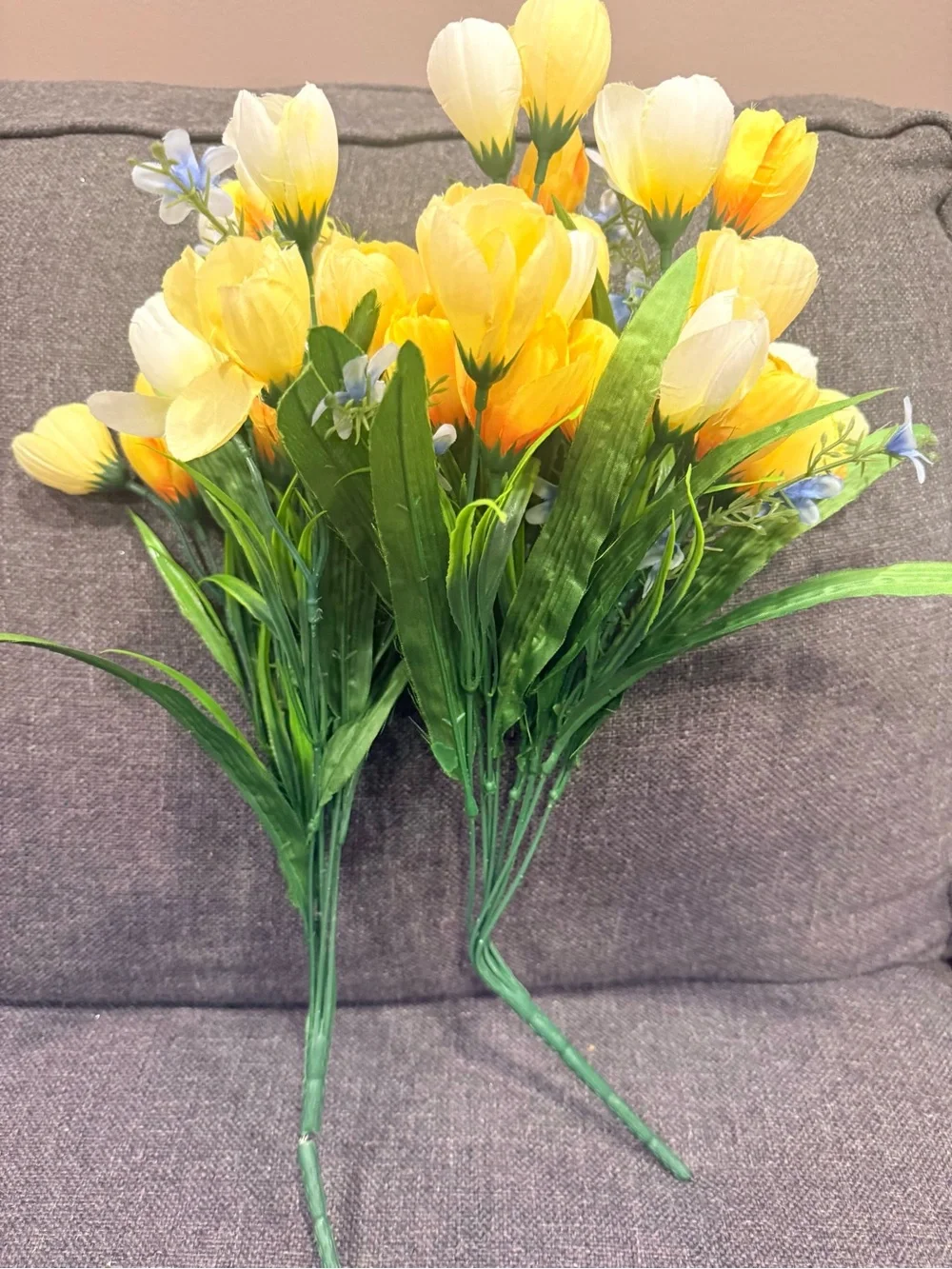 2-Yellow Faux Tulip Stem Bundle with Green Foliage